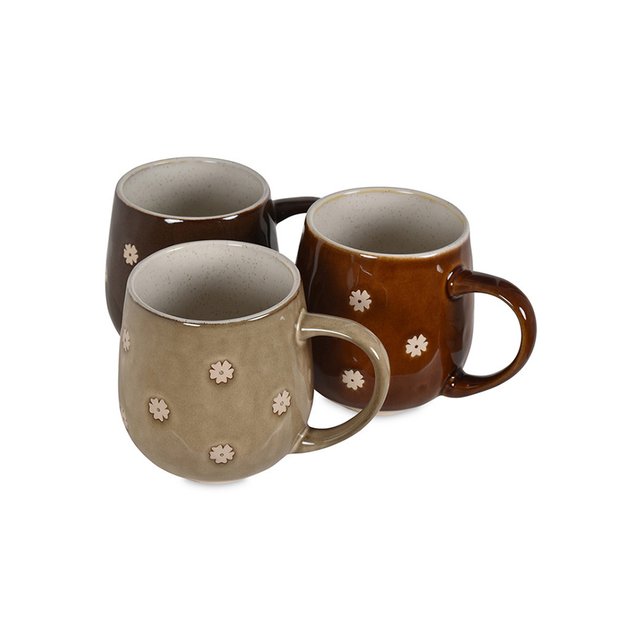 FLOWER - Set de 4 mugs en grès taupe, marron et chocolat à fleurs