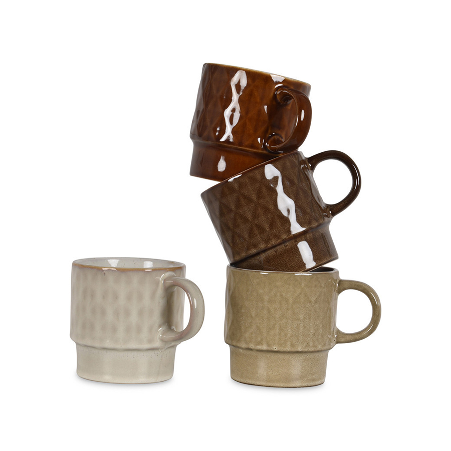 FOX - Set de 4 mugs en grès naturel à motif losange