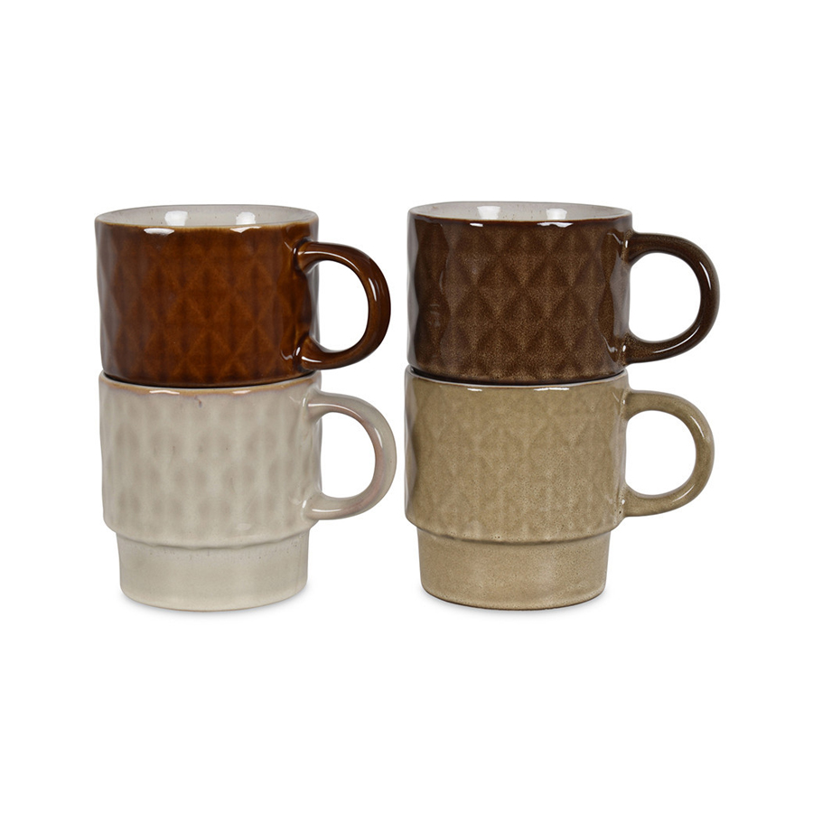 FOX - Set de 4 mugs en grès naturel à motif losange