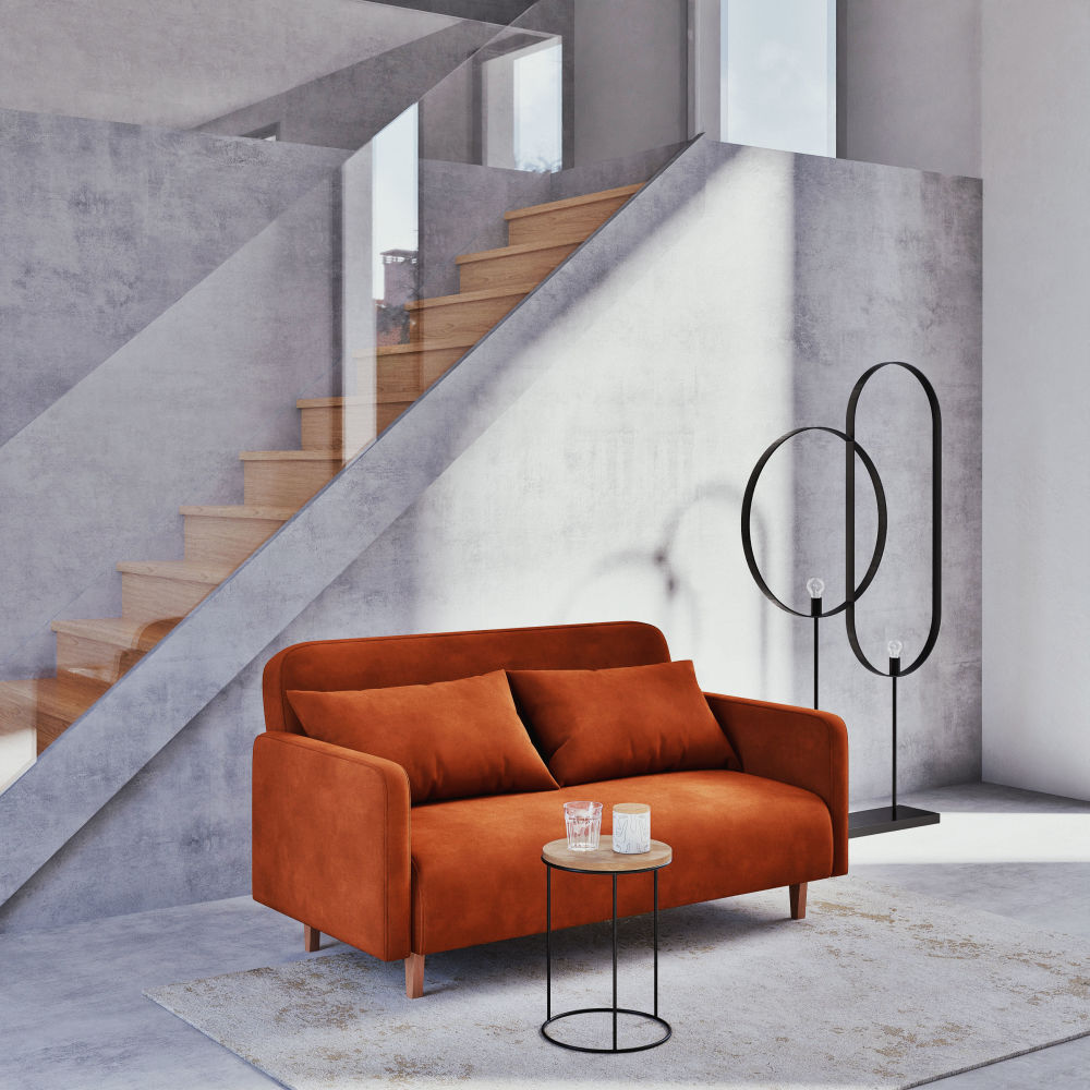 Canapé clic-clac Nia , design moderne en velours orange écureuil, convertible et pratique, à Dakar, Sénégal