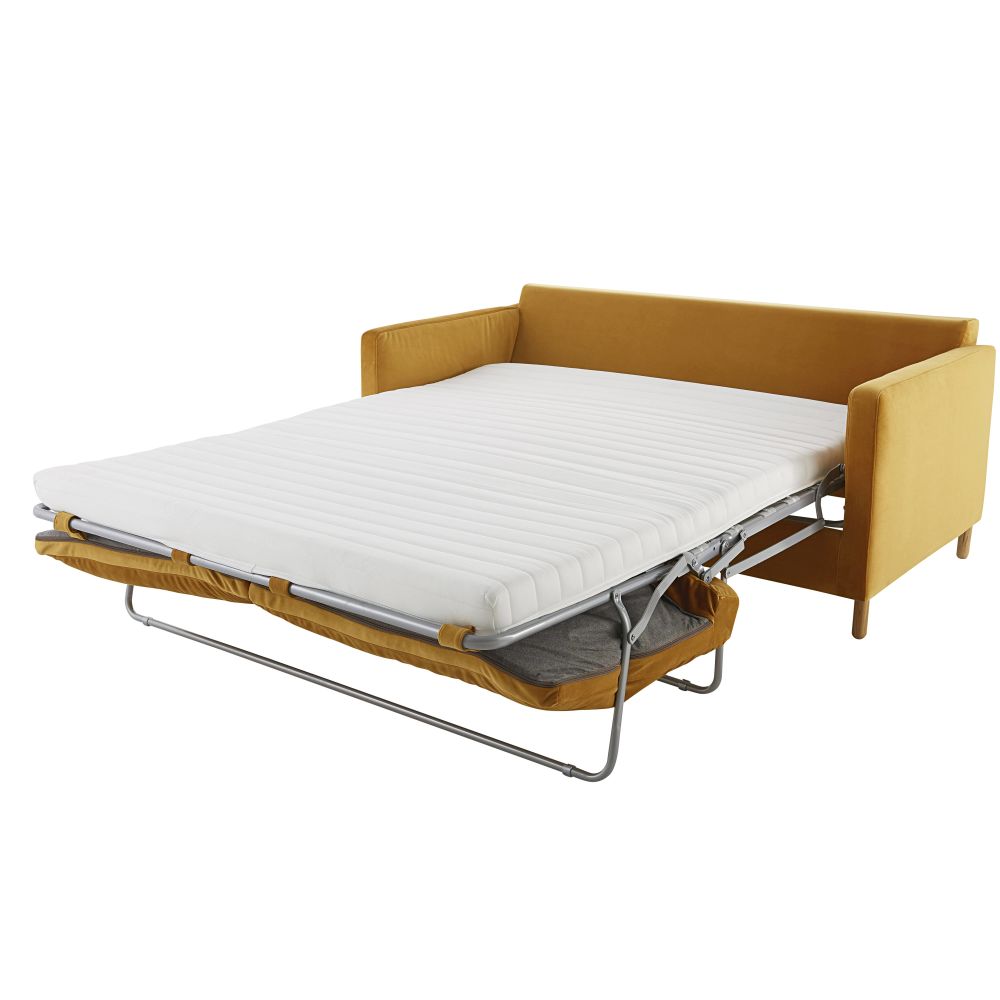 Canapé convertible Julian , 3 places en velours jaune moutarde avec matelas de 10 cm, disponible à Dakar, Sénégal