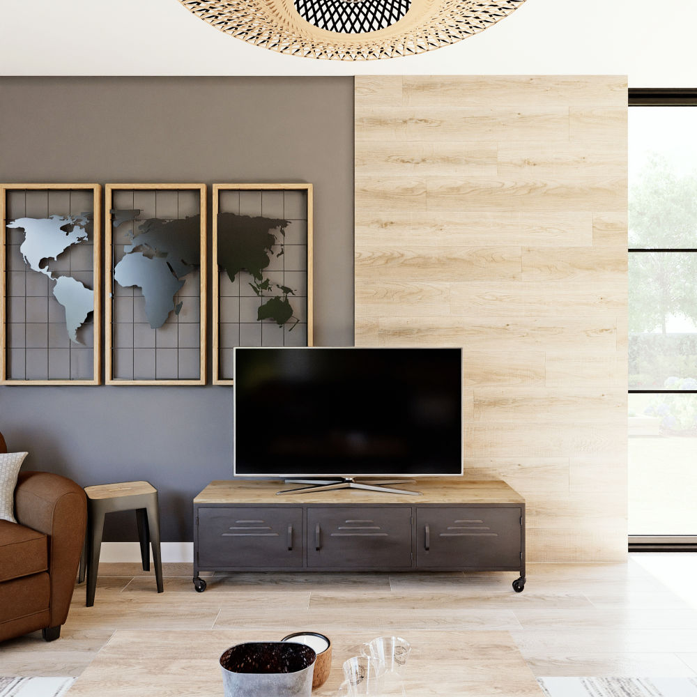 Meuble TV 3 portes sur roulettes, métal gris et sapin massif, style contemporain, Dakar Sénégal