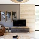 Meuble TV 3 portes sur roulettes, métal gris et sapin massif, style contemporain, Dakar Sénégal
