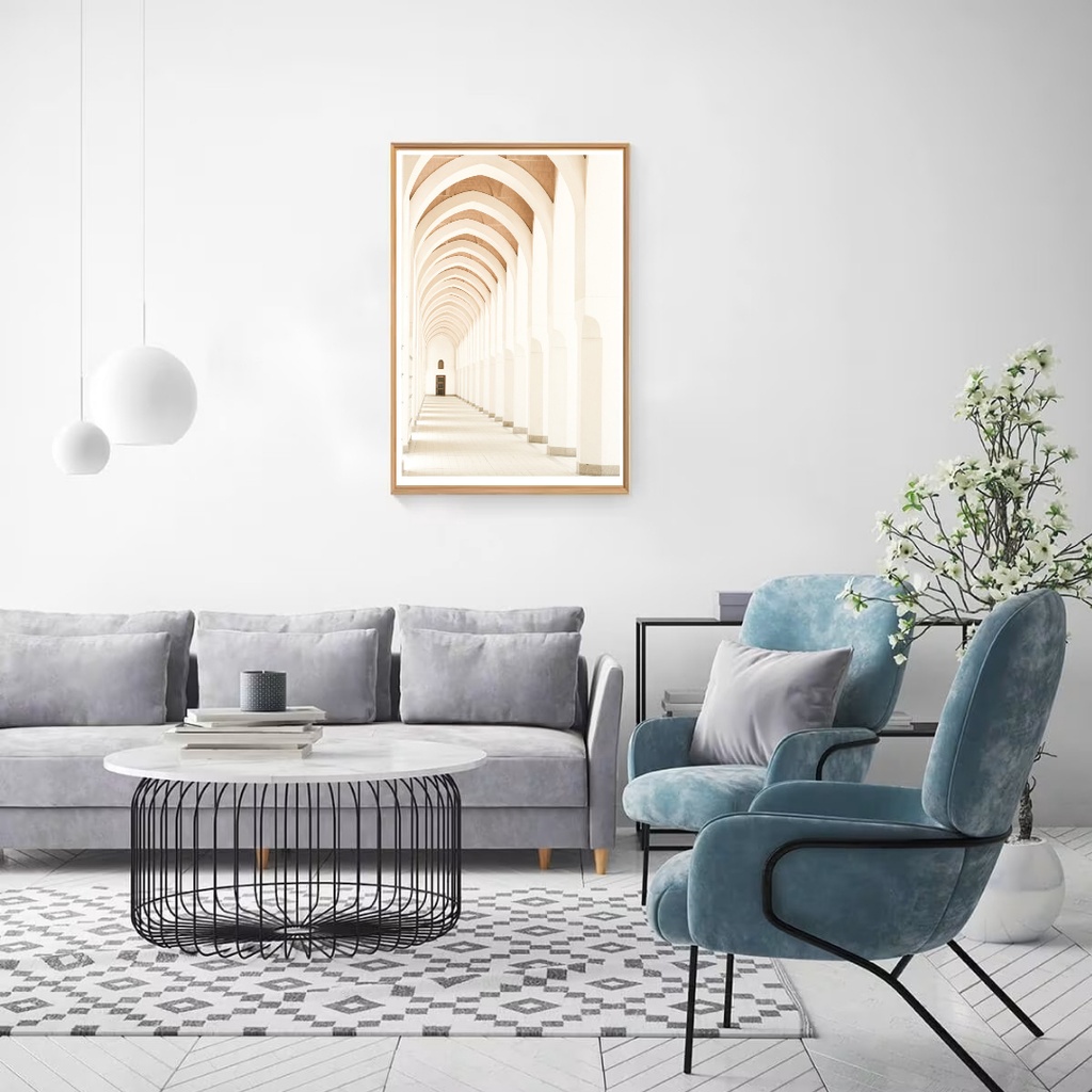 Toile NEF encadrée en caisse américaine naturel, imprimé allées bâtiment blanc, 100x140 cm, Dakar Sénégal