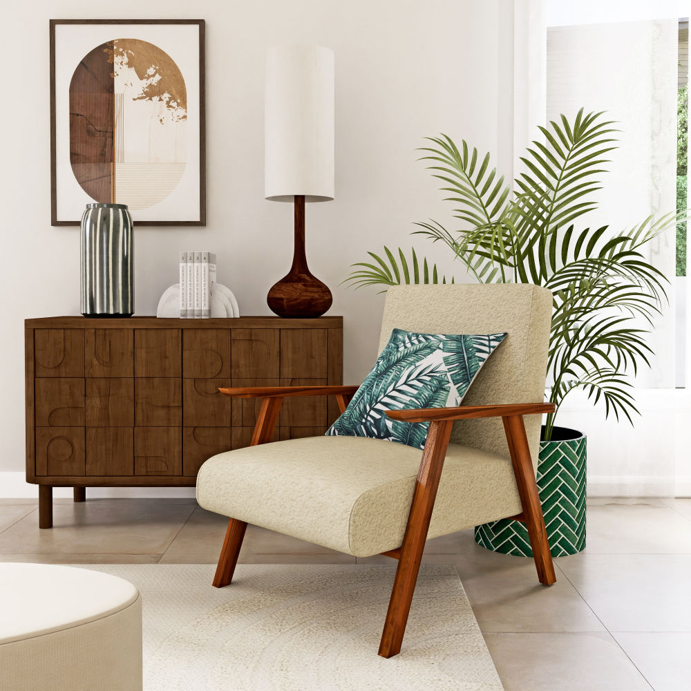 Fauteuil vintage Hermann en bois de hêtre et velours côtelé blanc