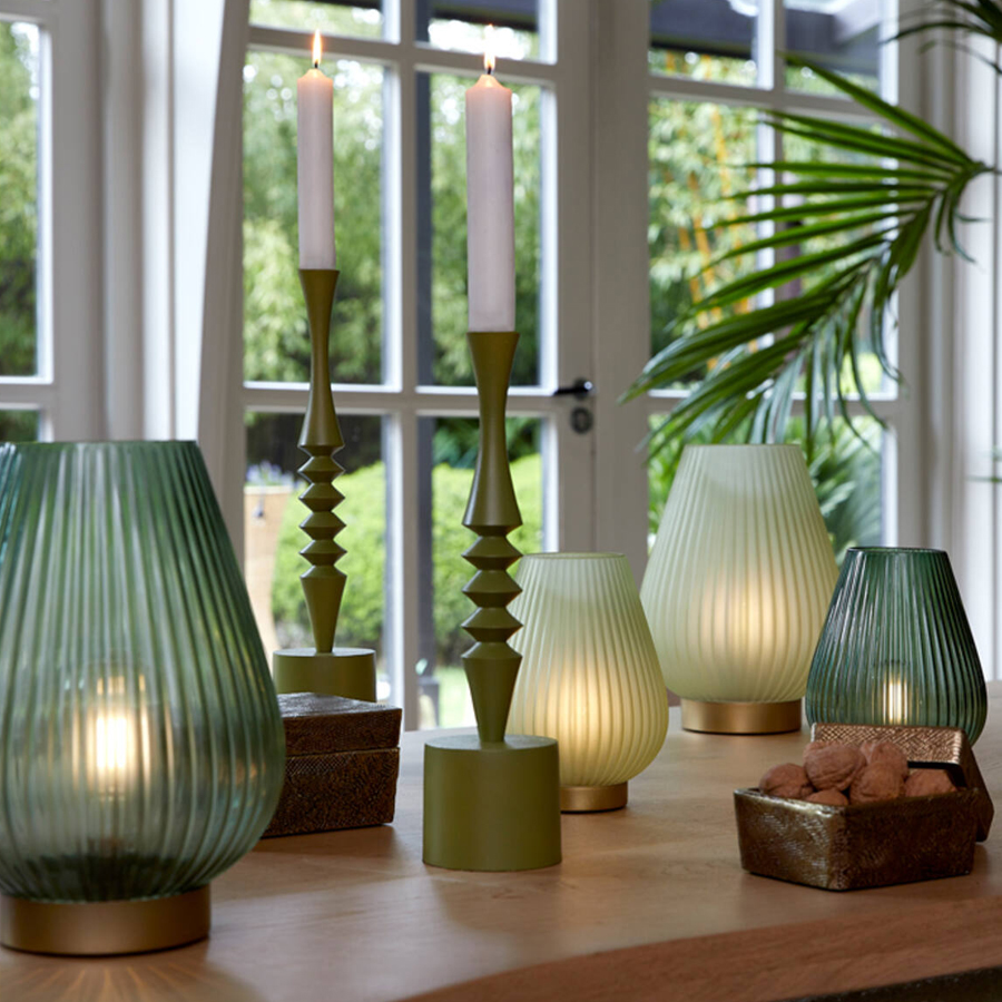 Lampe de table LED TAJERA verre vert foncé + or