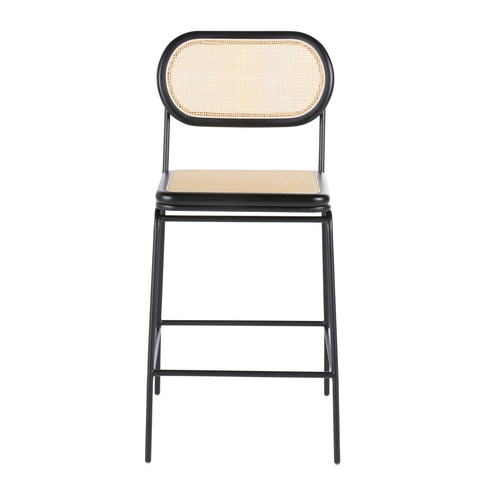 Chaise ALBA pour îlot central en acier noir et bois de bouleau avec rotin synthétique pour cuisine moderne à Dakar, Sénégal