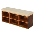Banquette avec 6 casiers en manguier et coton beige foncé pour décoration intérieure élégante à Dakar, Sénégal