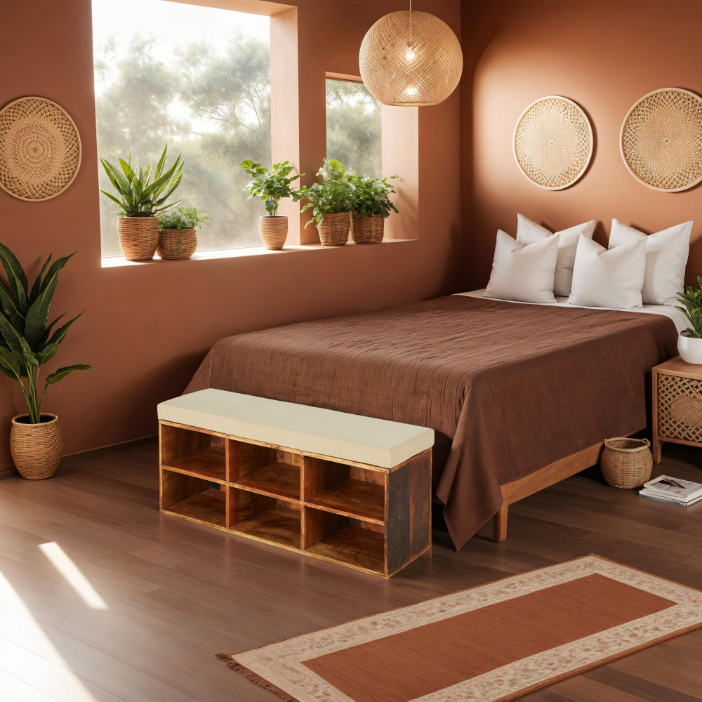 Confort visuel et authenticité - Banquette en bois de manguier pour une touche chaleureuse dans votre espace à Dakar