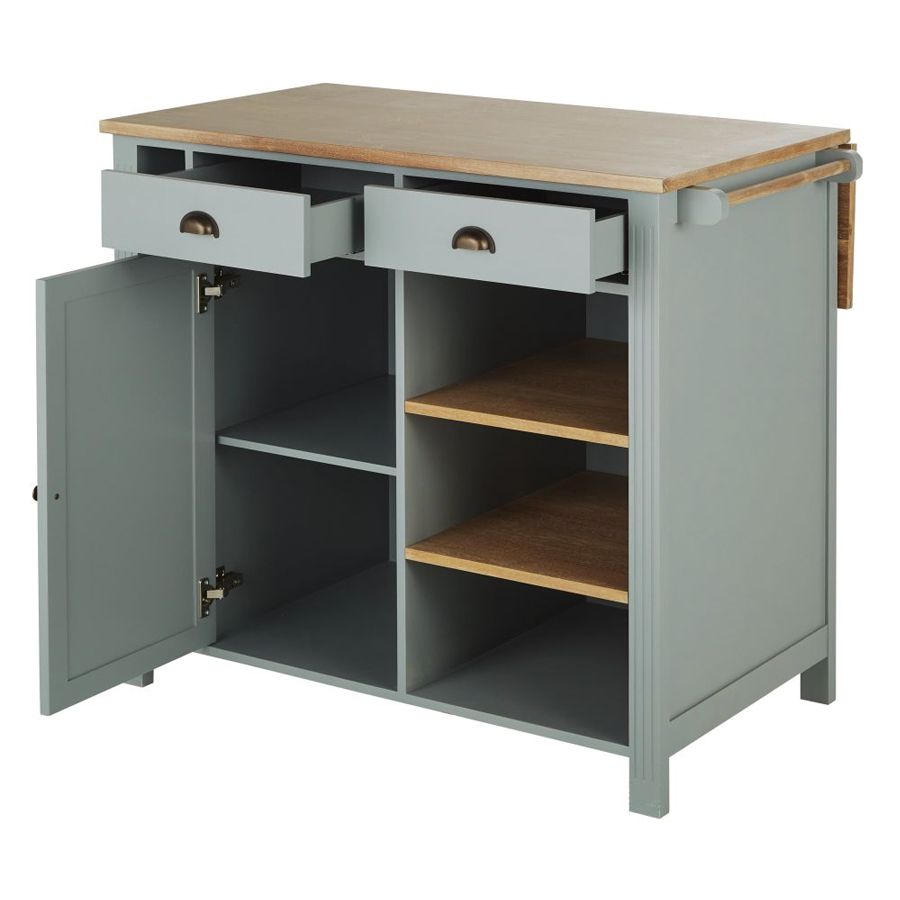 Îlot central cuisine Beaumont 2 tiroirs, 1 porte, 1 étagère et 6 niches vert d'eau et beige