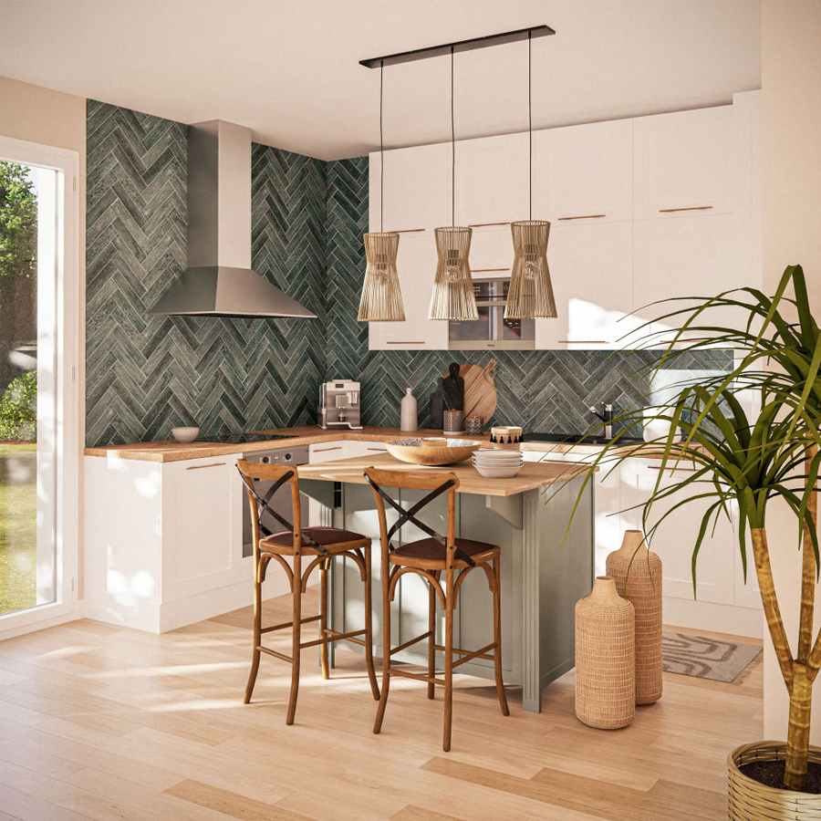 Îlot central cuisine Beaumont 2 tiroirs, 1 porte, 1 étagère et 6 niches vert d'eau et beige