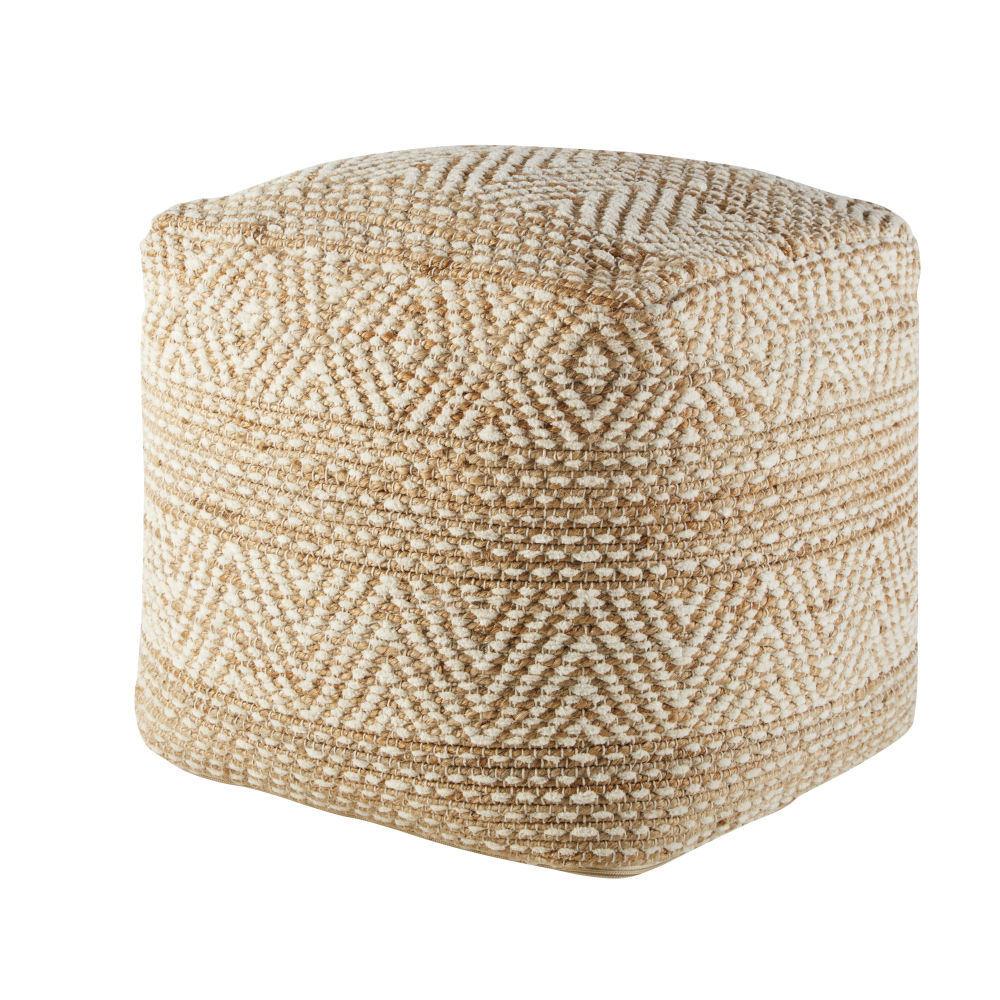 Pouf en jute et coton beige et blanc avec motifs graphiques pour décoration intérieure élégante à Dakar, Sénégal