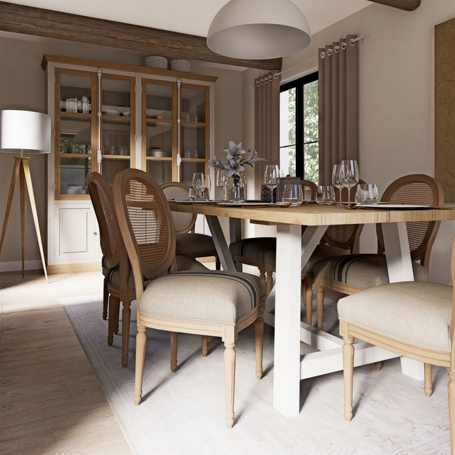 Louis - Chaise médaillon cannée en lin beige et gris et bois de frêne massif