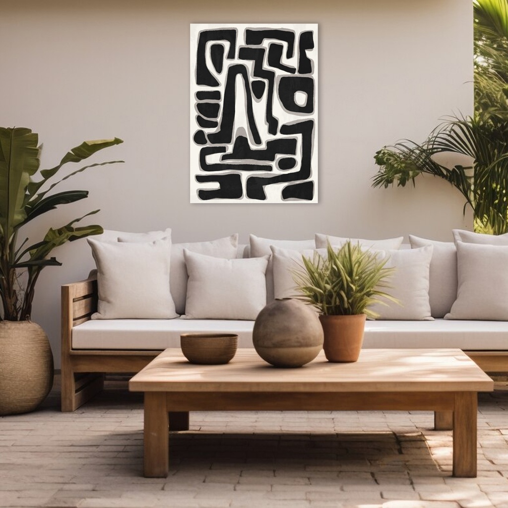 Mis en situation de la toile encadrée motifs abstraits avec caisse américaine noir Dakar Sénégal