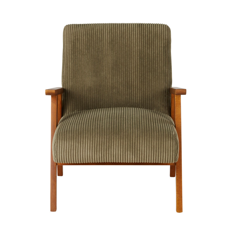 Fauteuil vintage Hermann en bois de hêtre et velours côtelé vert kaki