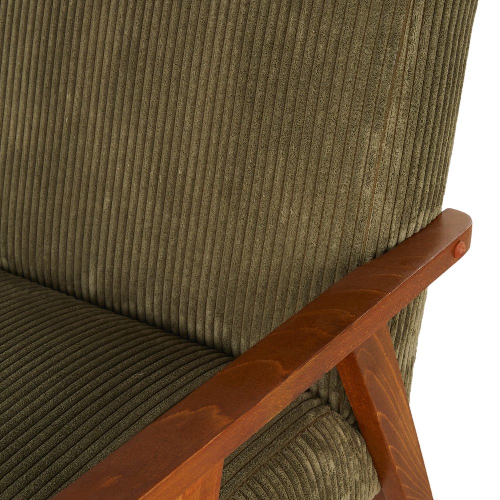 Fauteuil vintage Hermann en bois de hêtre et velours côtelé vert kaki