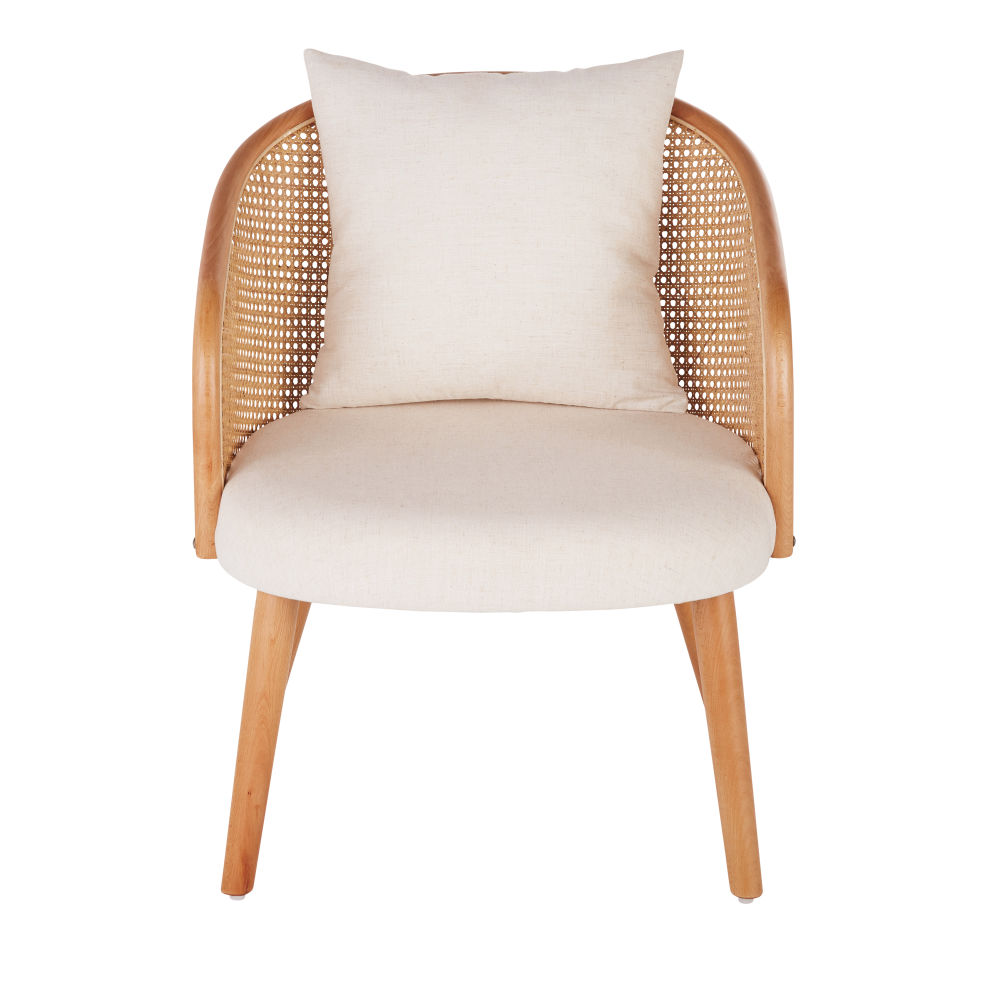 Fauteuil Sockette écru et cannage en rotin