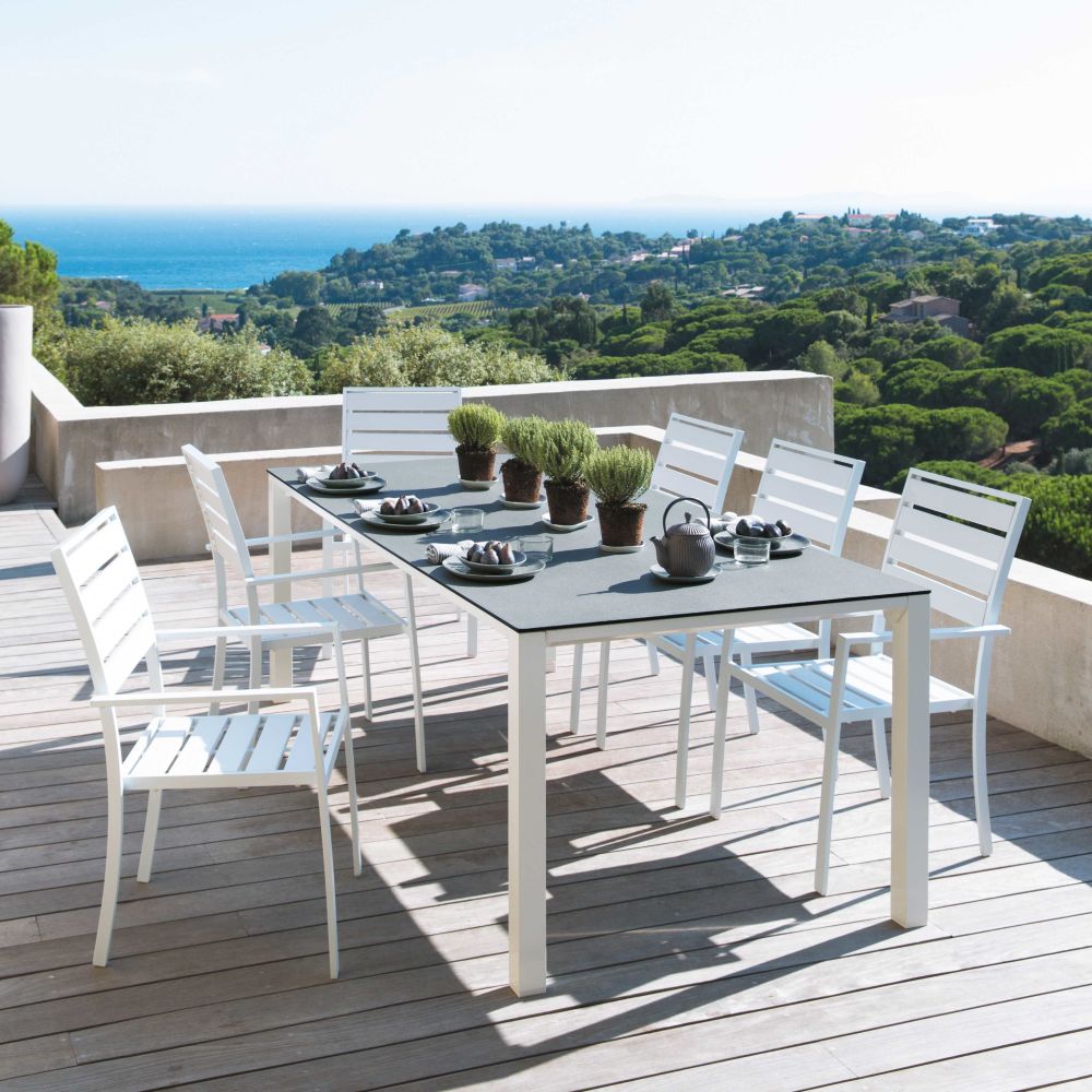 Table de jardin Square garden en verre trempé et aluminium blanc 8 personnes