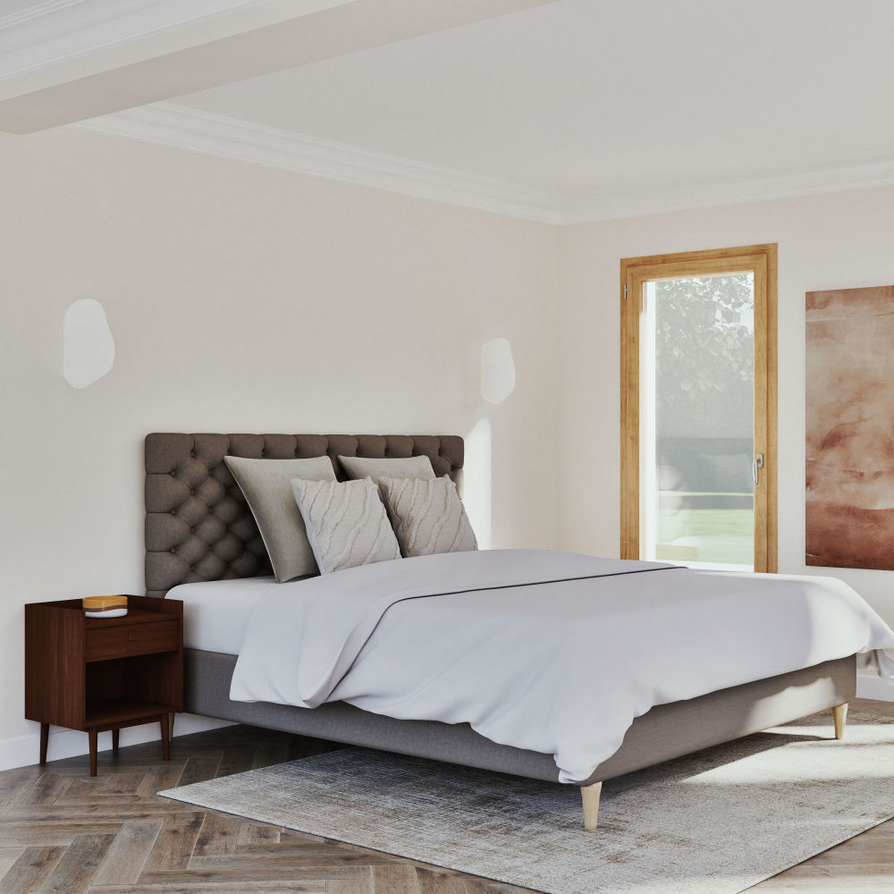 Lit Chesterfield capitonné en lin taupe 180x200 avec sommier à lattes