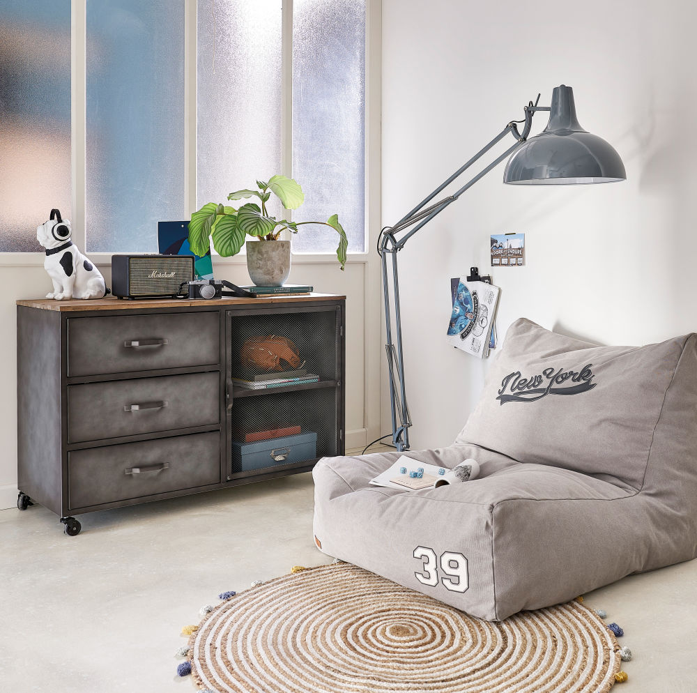 Pouf en coton gris imprimé new york