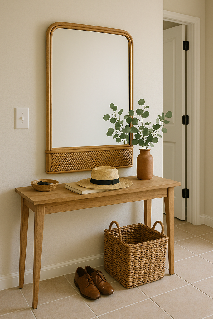 Miroir Maria avec étagère en rotin beige 60x91