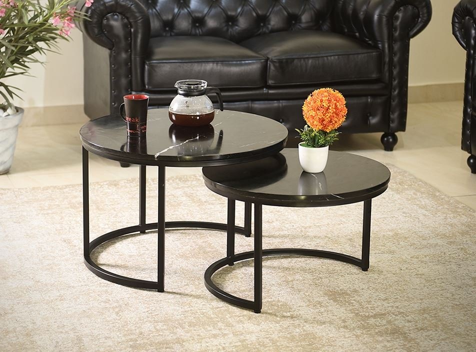 Table basse Oracle gigogne ronde marbre noir et métal