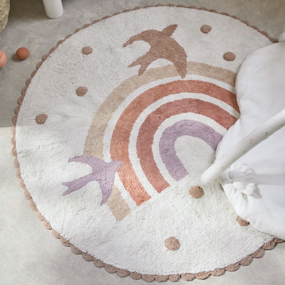 Tapis Rainbow enfant rond en coton recyclé tufté imprimé arc-en-ciel et oiseaux D120