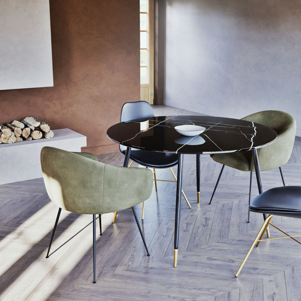 Table à manger Phea effet marbre noir et métal coloris laiton et noir 5/6 personnes D120