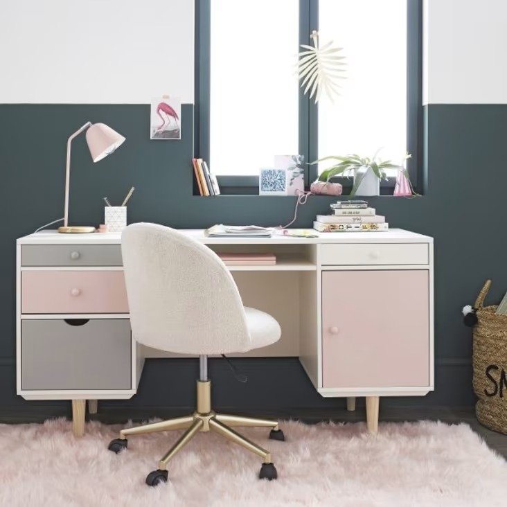 Bureau 1 porte 4 tiroirs blush blanc, gris et rose