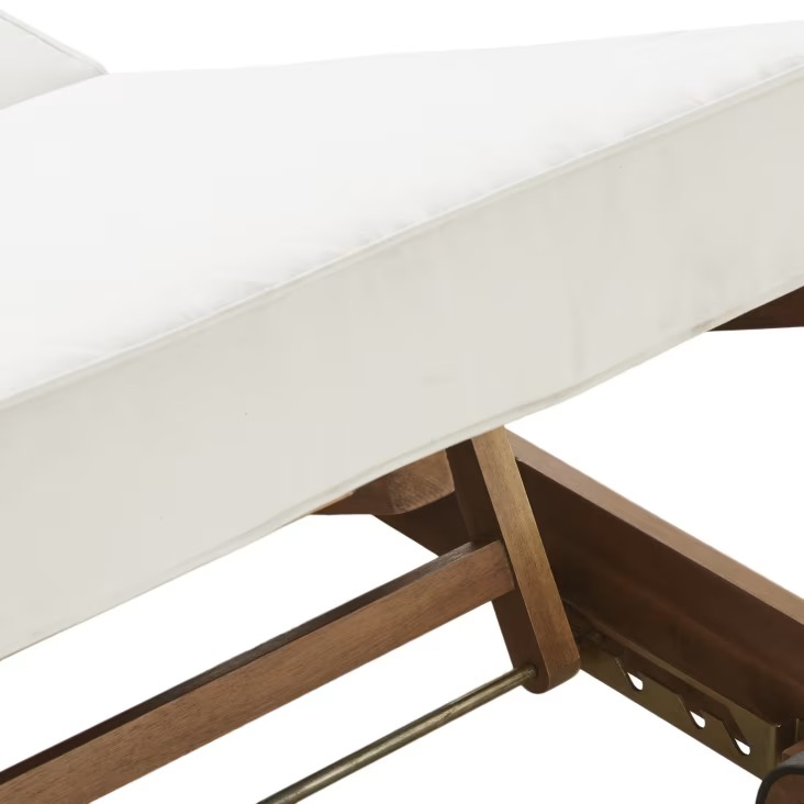 Bain de soleil Tossa à roulettes en bois d'acacia massif et coussins écrus en polyester recyclé