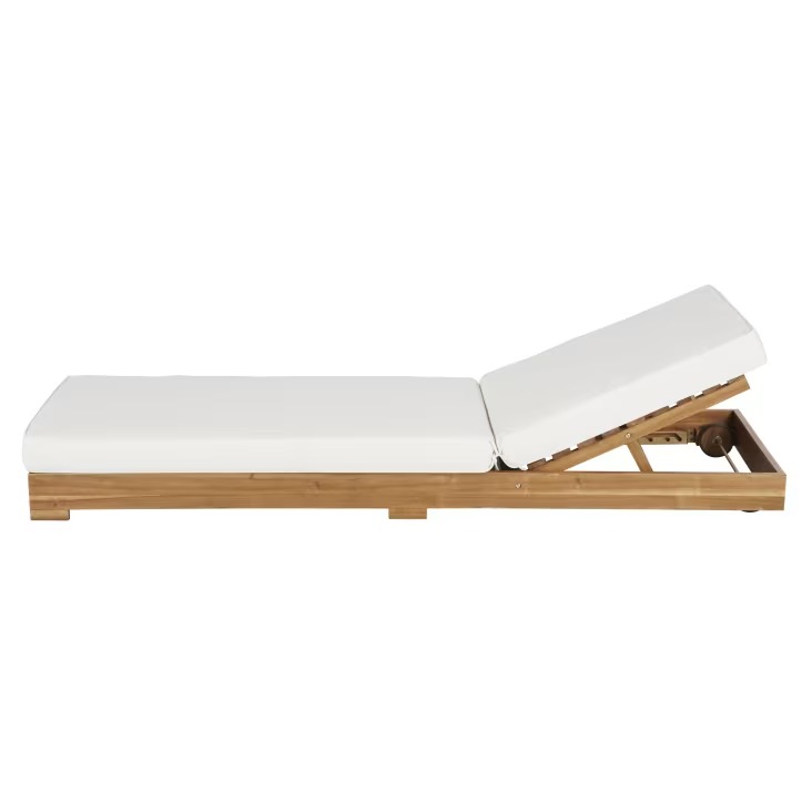 Bain de soleil Tossa à roulettes en bois d'acacia massif et coussins écrus en polyester recyclé