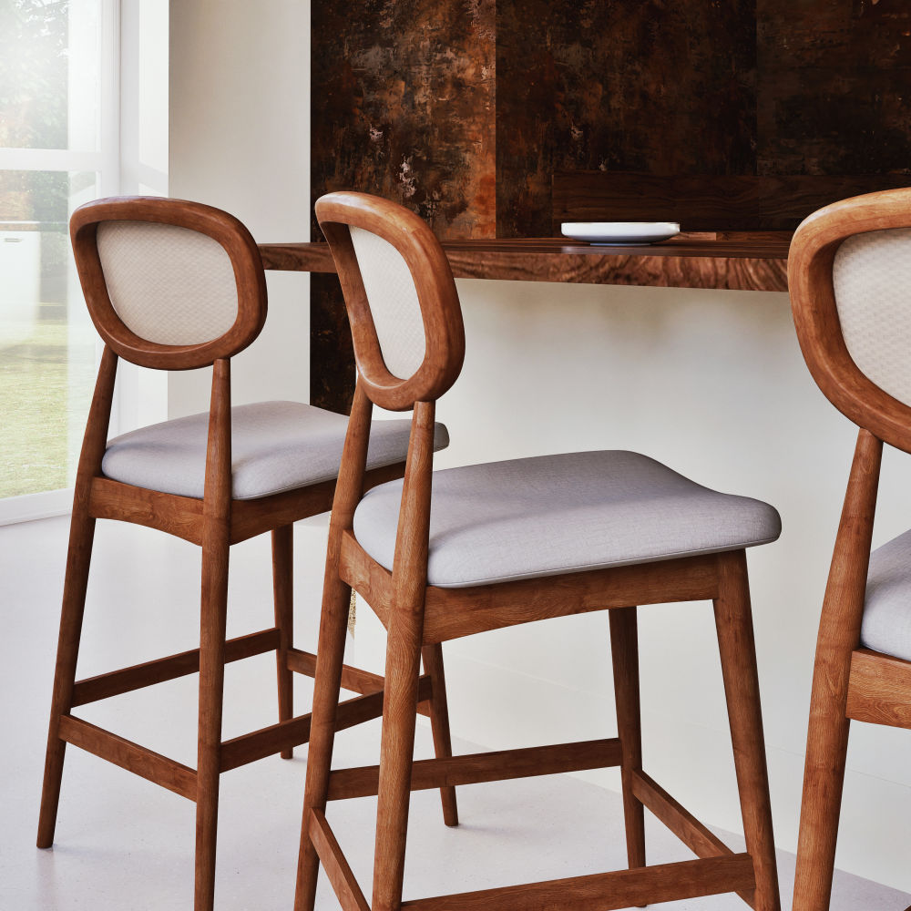 Chaise Fifty pour îlot central en bois d'hévéa, lin écru et tressage H66