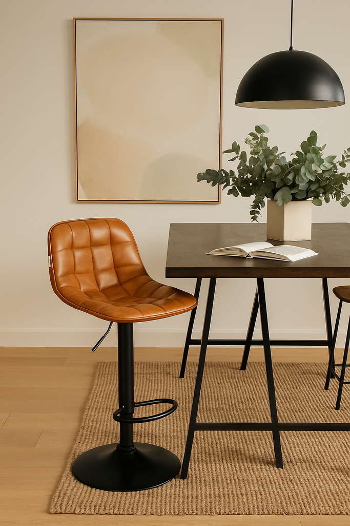 Chaise de bar Deva en cuir camel et métal coloris noir