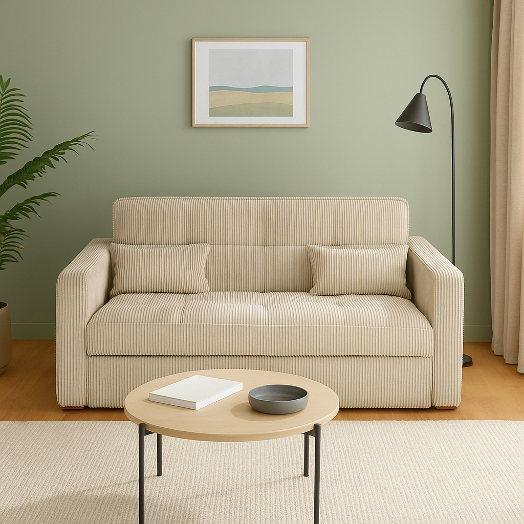 Canapé-lit 2 places Eva en velours cotelé beige clair