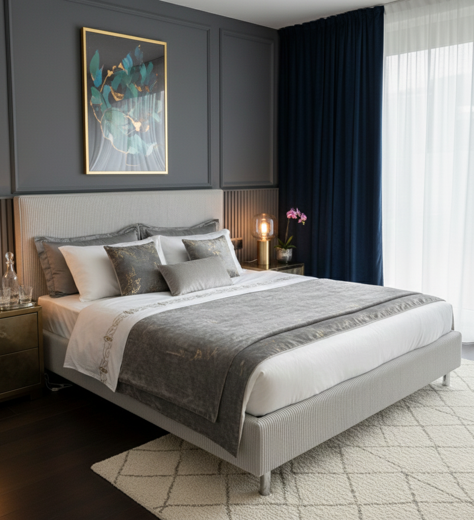 Lit double City en velours côtelé beige clair, couchage 180x200