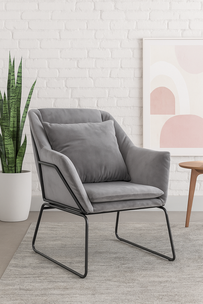 Fauteuil Iris en velours gris, pieds métal noir
