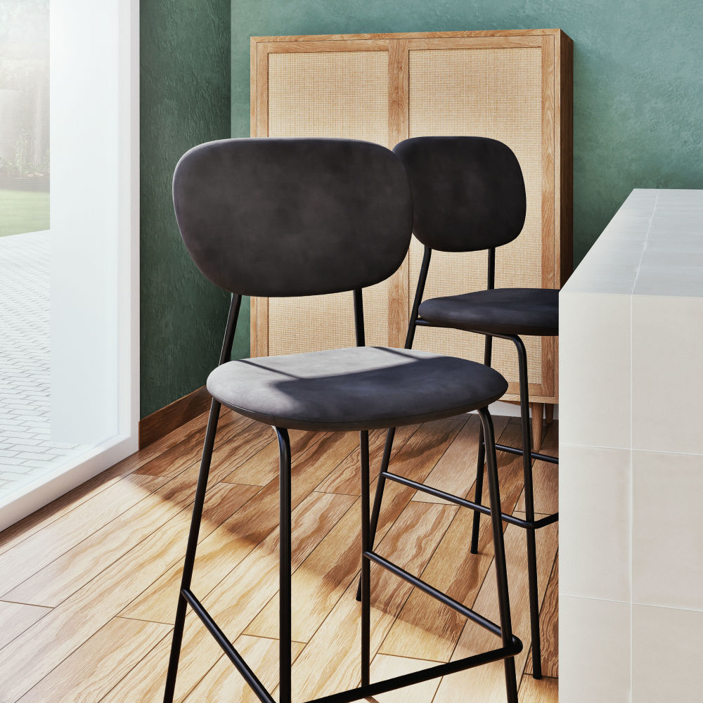 Chaise de bar Oscarine Business en velours noir et acier noir