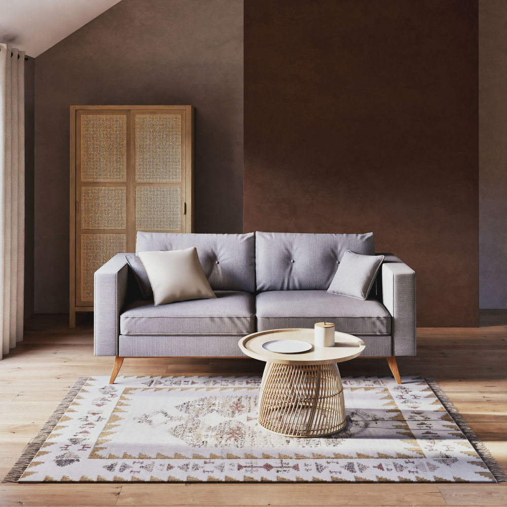 Tapis kilim Satara en jute, laine et coton tissés motifs ethniques multicolores à franges 160x230