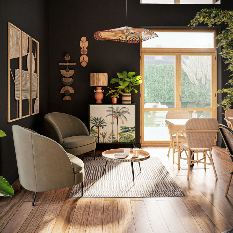 Buffet Palmyre dans un salon lumineux et moderne, imprimé végétal, Dakar, Sénégal.