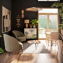 Buffet Palmyre dans un salon lumineux et moderne, imprimé végétal, Dakar, Sénégal.