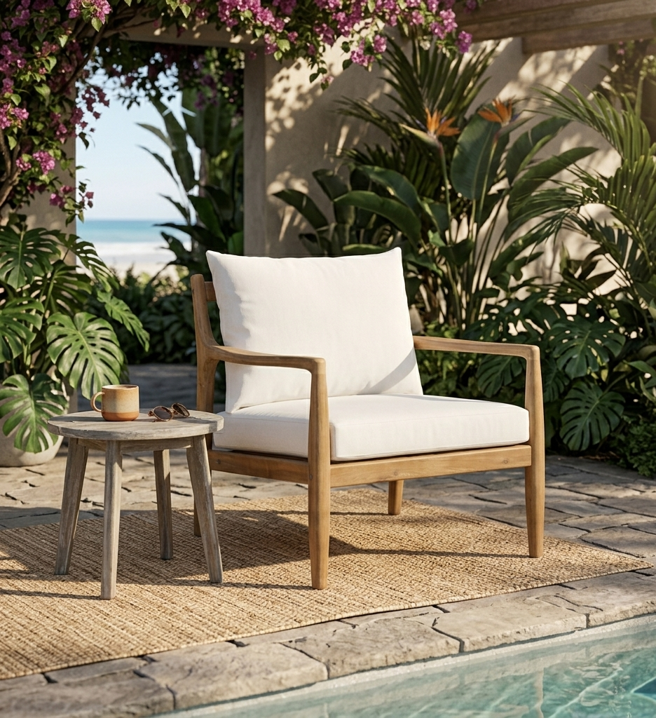 Fauteuil Indiana en bois d'acacia coussins en coton et lin écrus