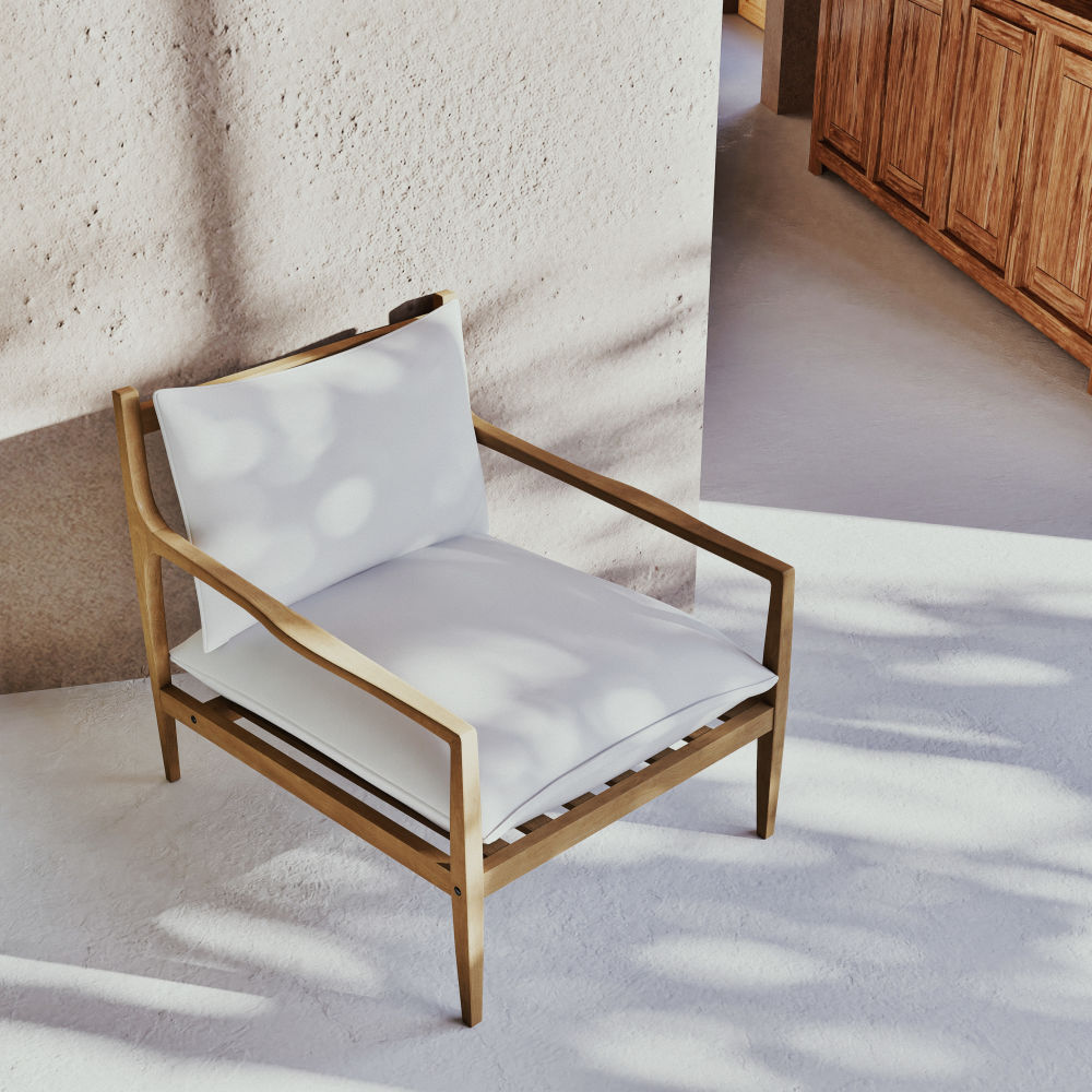 Fauteuil Indiana en bois d'acacia coussins en coton et lin écrus