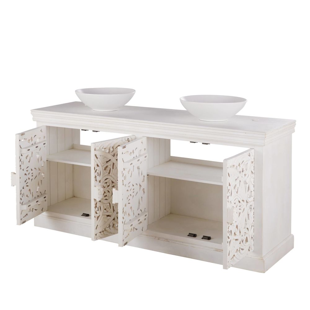 Meuble double vasque Kerala en manguier massif blanc effet vieilli