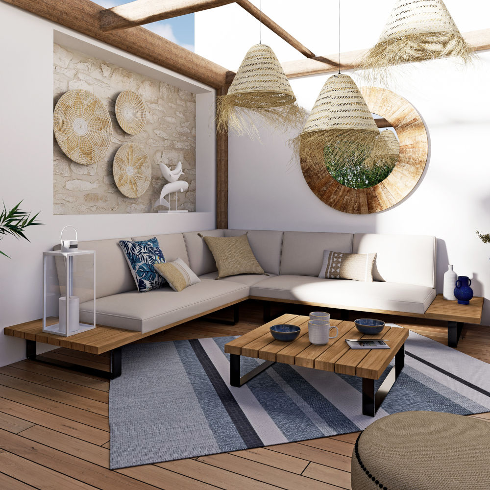 Salon de jardin Bahamas 5 places en aluminium et bois d'acacia massif avec coussins écrus