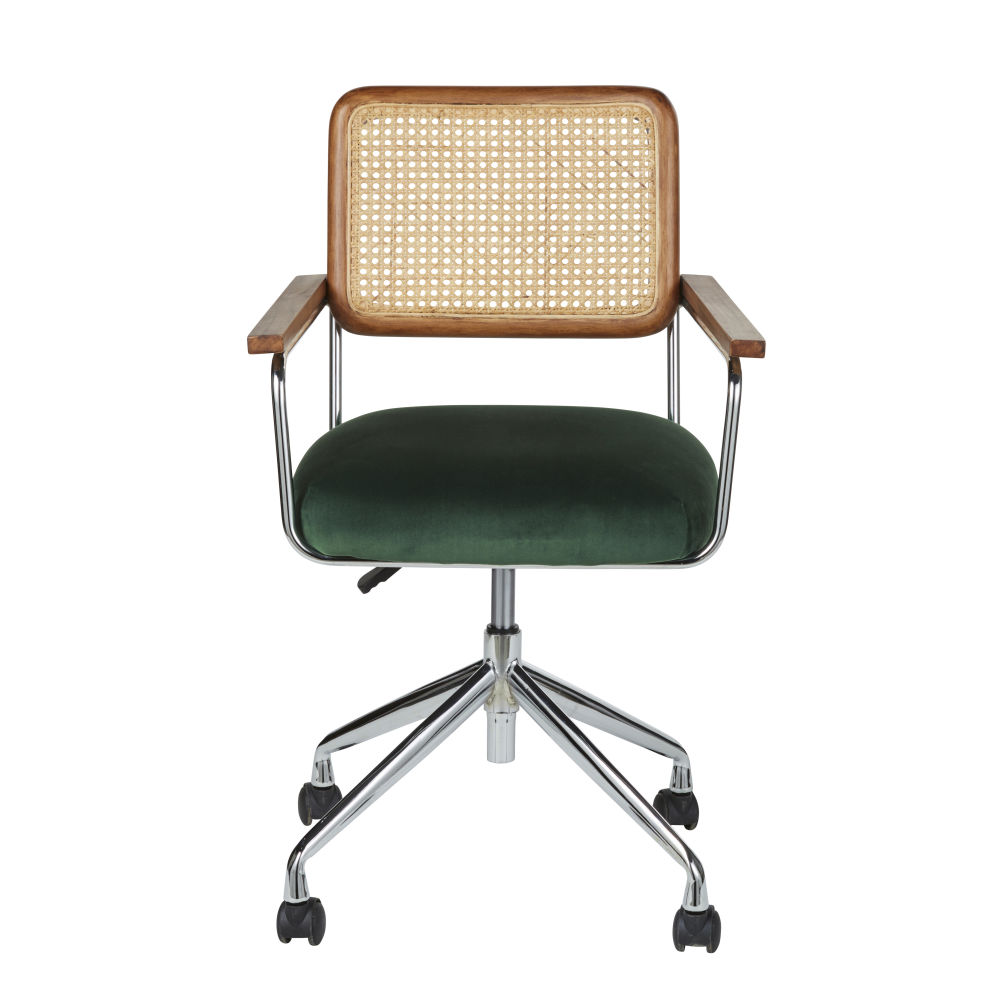 Fauteuil Rosalie de table cannage en rotin et velours vert