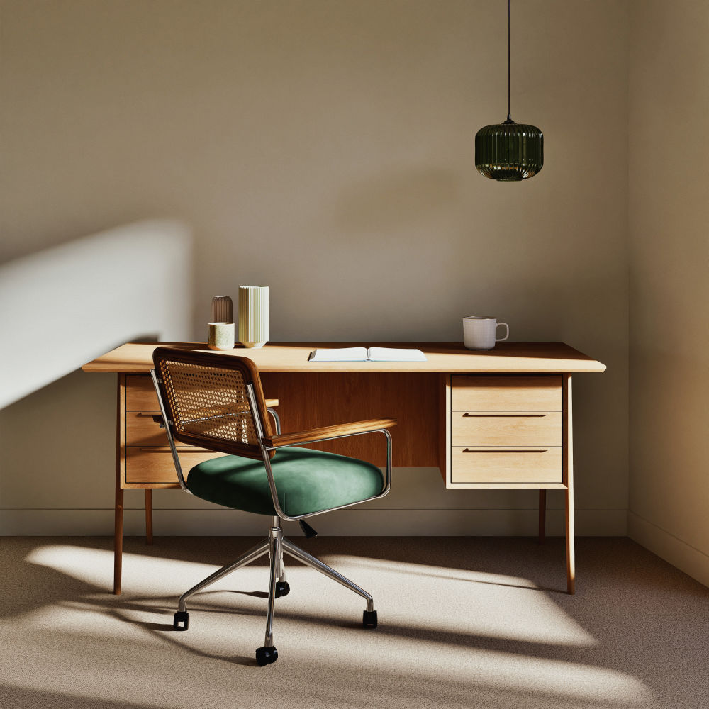 Fauteuil Rosalie de table cannage en rotin et velours vert