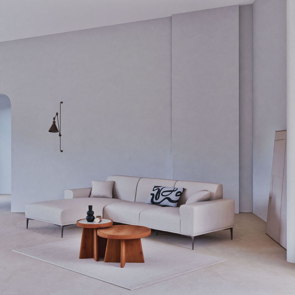 Canapé d'angle gauche Tokyo 5 places en textile tramé beige