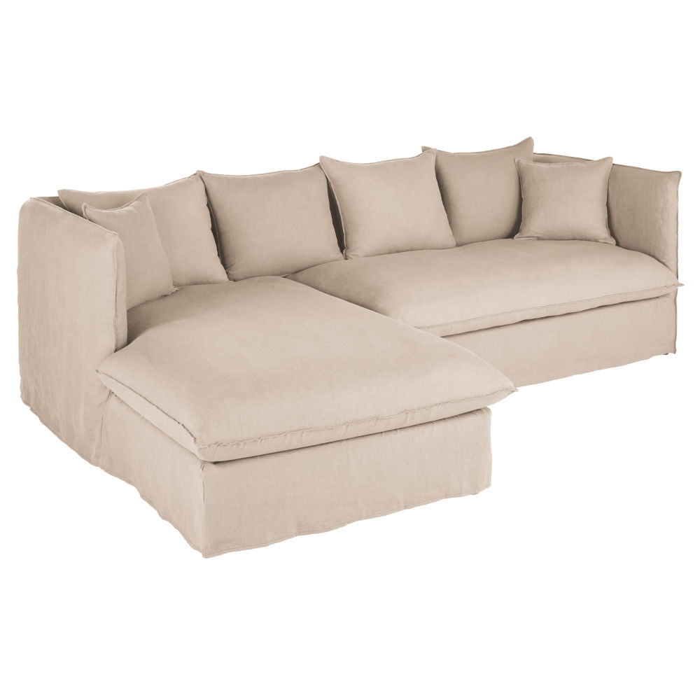 Canapé d'angle gauche Louvain 4/5 places en lin froissé beige