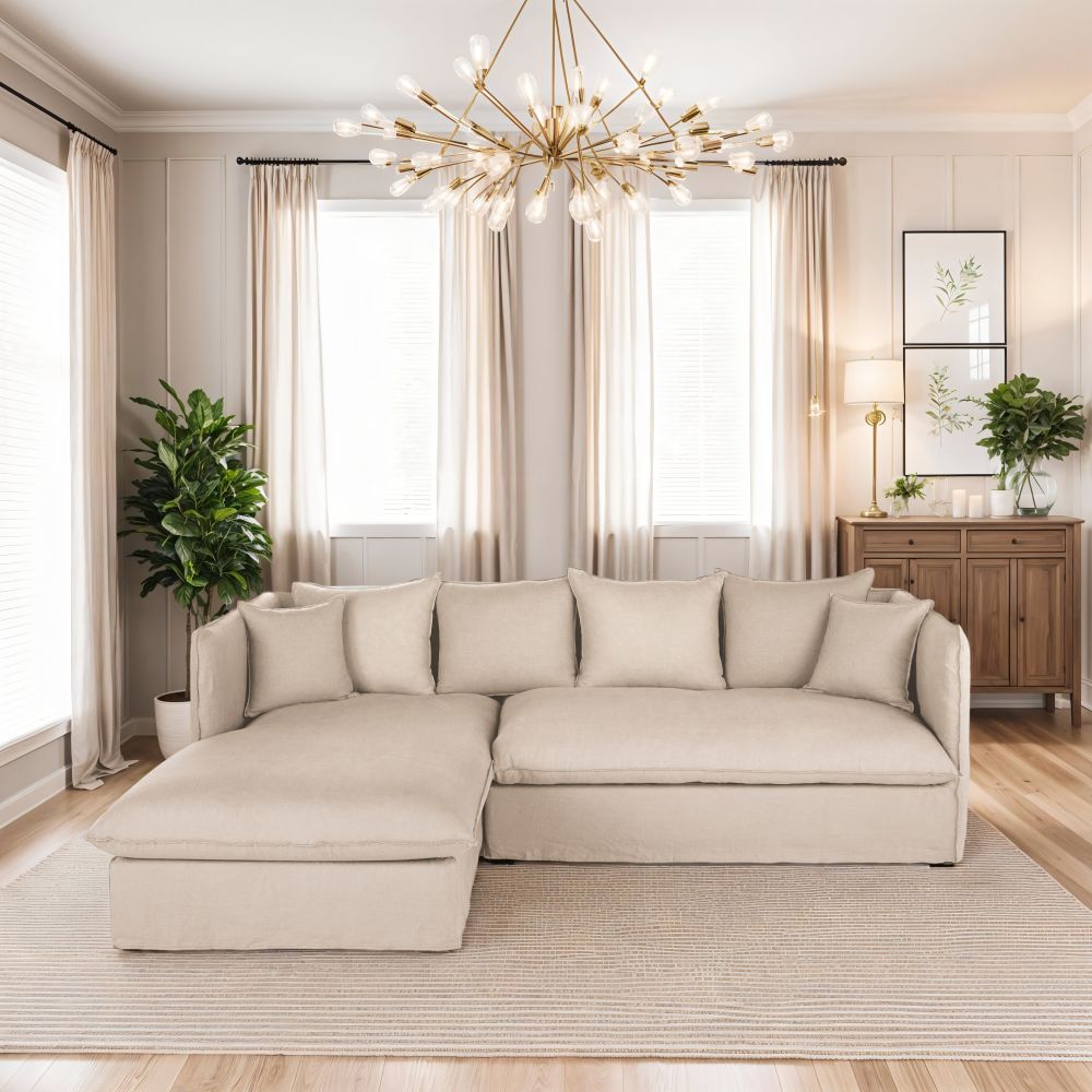 Canapé d'angle gauche Louvain 4/5 places en lin froissé beige