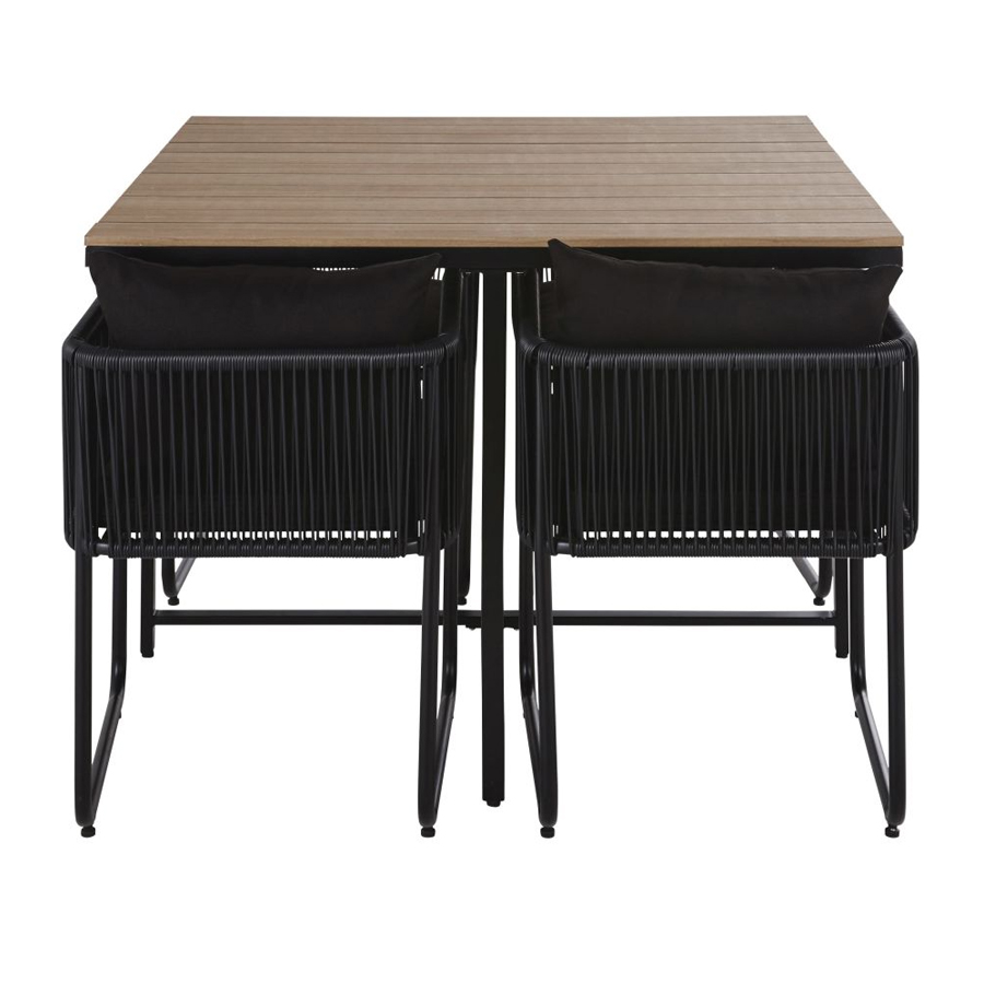 Ensemble table Swann en composite imitation teck et fauteuils en résine recyclée noire de jardin